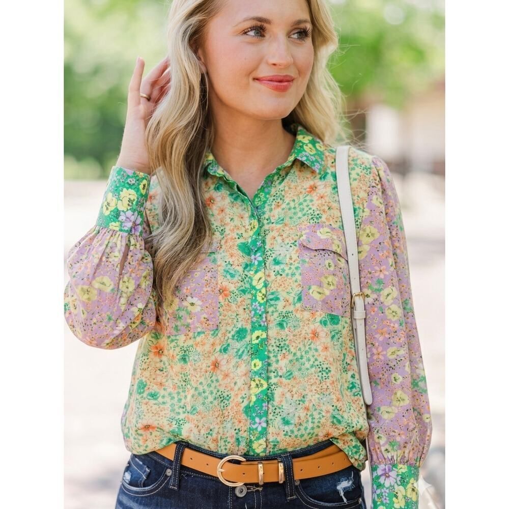 LOFT Floral Patchwork Blouse XL Boho Cottagecore Button Front Top Romantic